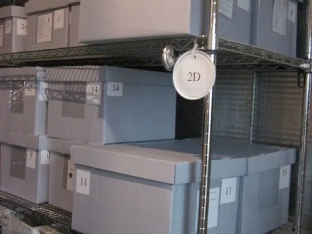 Számozott, feliratozott archív dobozok raktári polcon, leltári jelöléssel